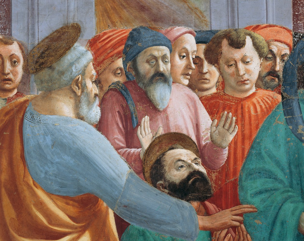 Święci i tłum, fragment z Wskrzeszenia syna Teofila, Tommaso Masaccio, fresk autorstwa Filippino Lippi