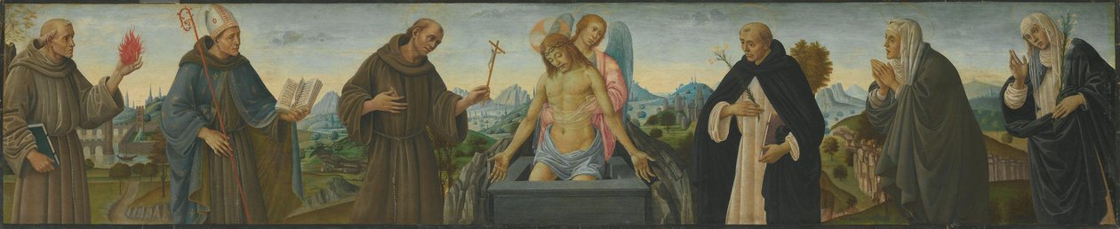 Mąż Boleści i sześciu świętych (św. Antoni z Padwy, Ludwik z Tuluzy, Franciszek, Dominik, Klara i Katarzyna ze Sieny) autorstwa Filippino Lippi