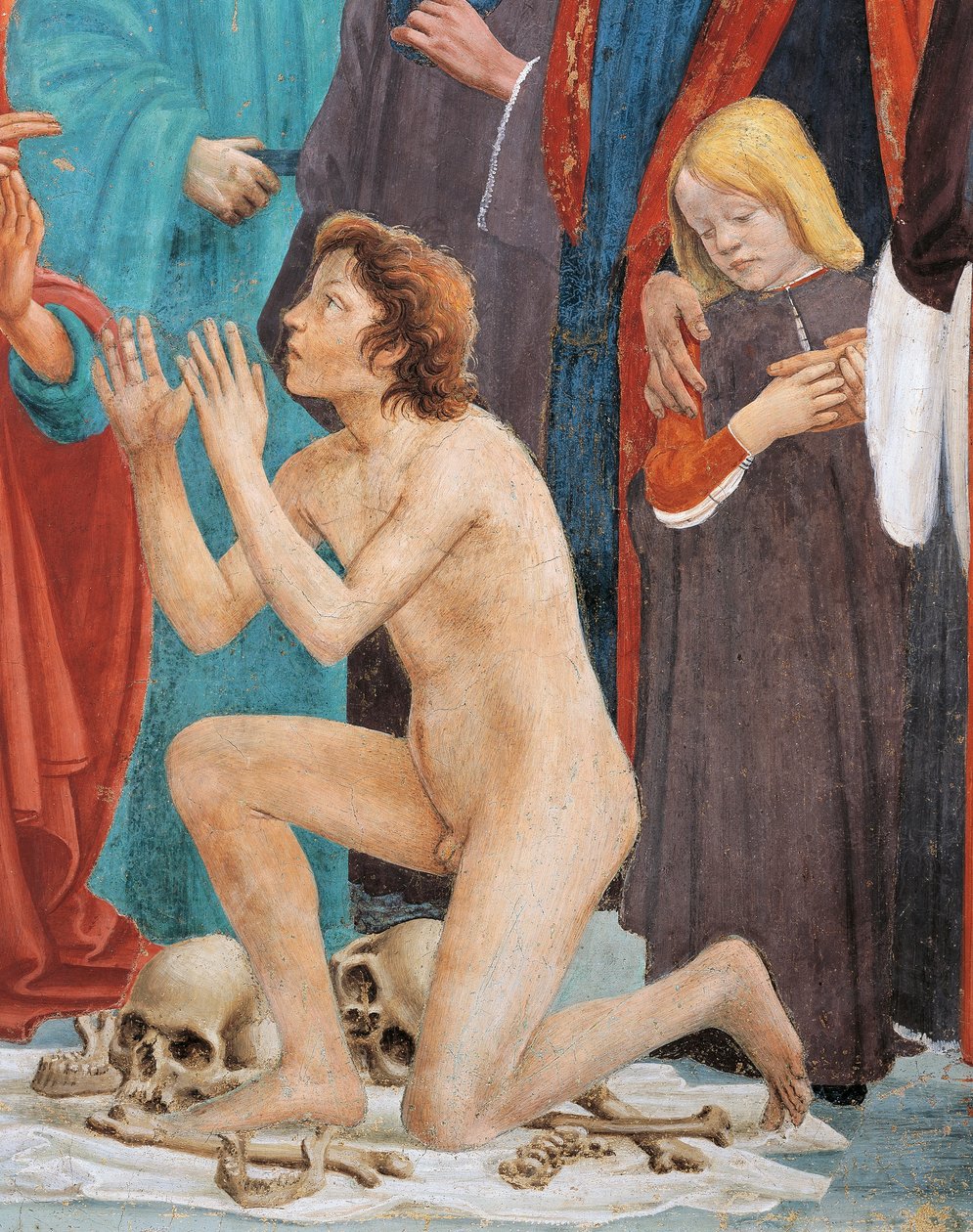 Syn Teofila, fragment z Wskrzeszenia syna Teofila, Tommaso Masaccio, fresk autorstwa Filippino Lippi