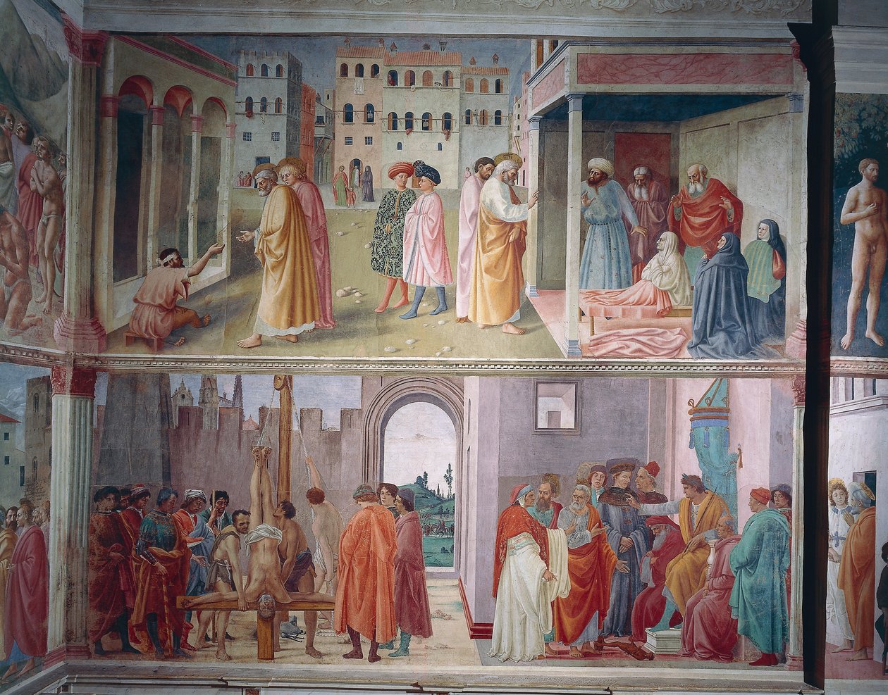 Uzdrowienie kaleki i podniesienie Tabithy Masolino da Panicale, Święty Piotr konfrontuje się z Szymonem Magiem przed Neronem i Męczeństwo św. Piotra Filippino Lippi, freski autorstwa Filippino Lippi
