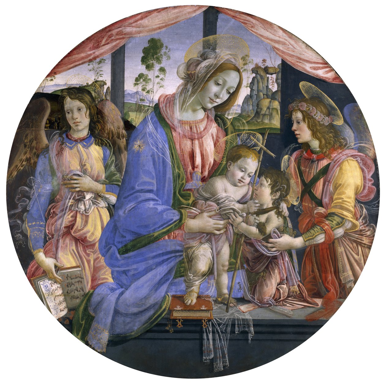 Madonna z Dzieciątkiem z Dzieciątkiem Św. Janem i dwoma aniołkami, połowa lat 80. XIV w. (tempera na desce) autorstwa Filippino Lippi
