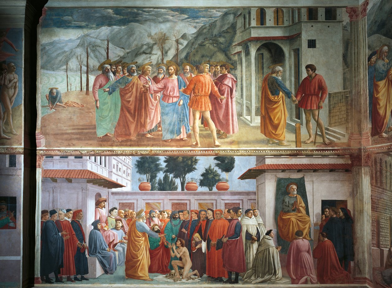 Pieniądze z hołdu, Tommaso Masaccio, Wskrzeszenie syna Teofila i intronizowanego św. Piotra, Tommaso Masaccio i Filippo Lippi, freski autorstwa Filippino Lippi