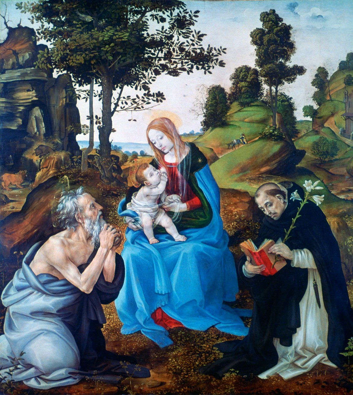 Dziewica z Dzieciątkiem ze świętymi Hieronimem i Dominikiem, ok. 1485 r. autorstwa Filippino Lippi