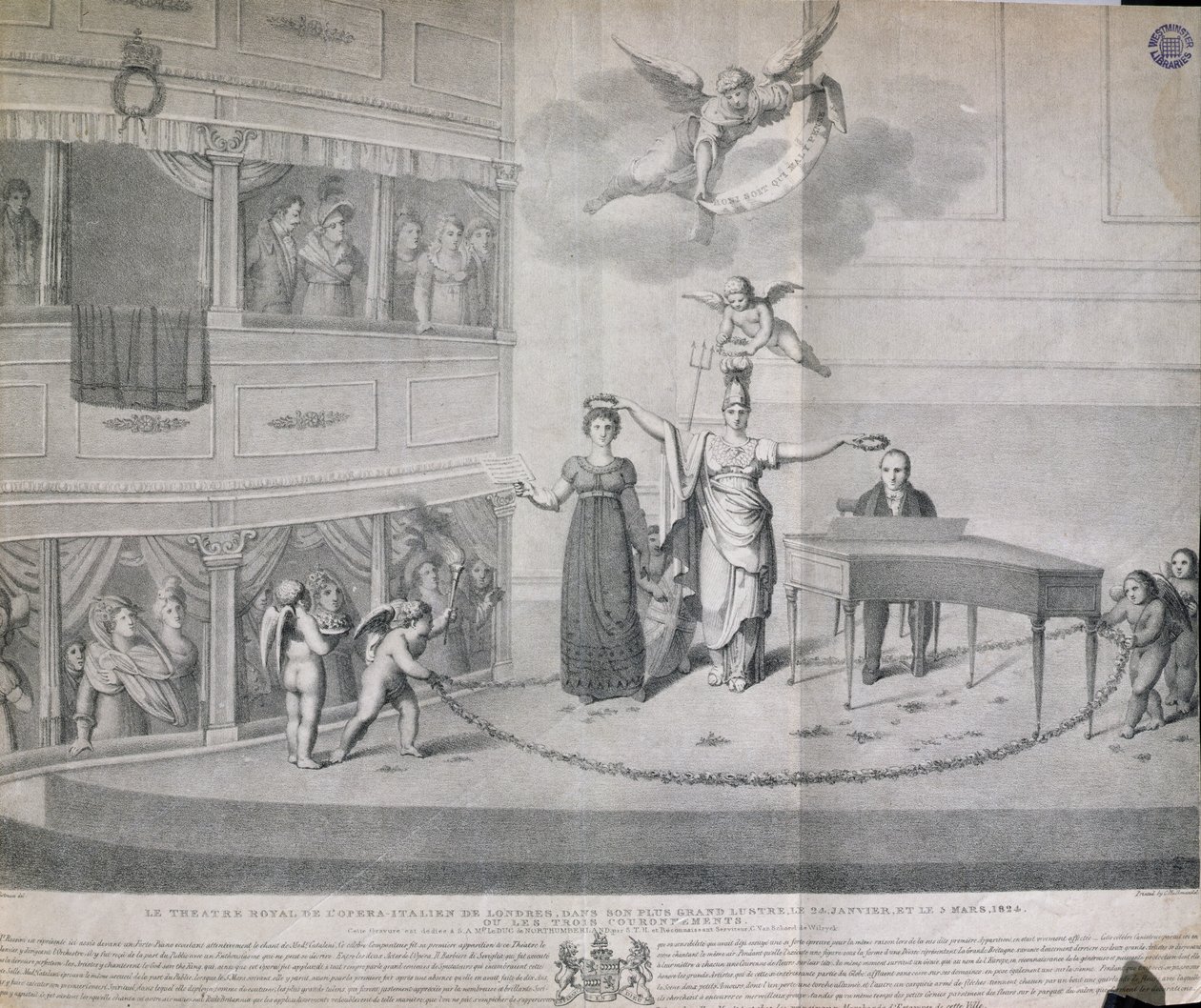 The Theatre Royal of Italian Opera w Londynie w największym blasku 24 stycznia i 3 marca 1824, czyli Trzy korony, druk Charles Hullmandel (1789-1850), 1824 autorstwa Filippo Pistrucci