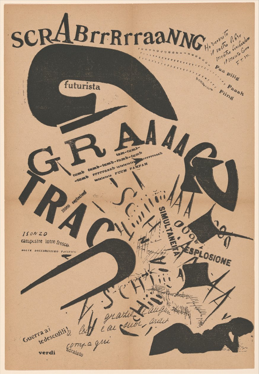 Wieczorem, leżąc na łóżku, ponownie przeczytała list od swojego artylerzysty na froncie, 1917 (druk typograficzny) autorstwa Filippo Tommaso Emilio Marinetti