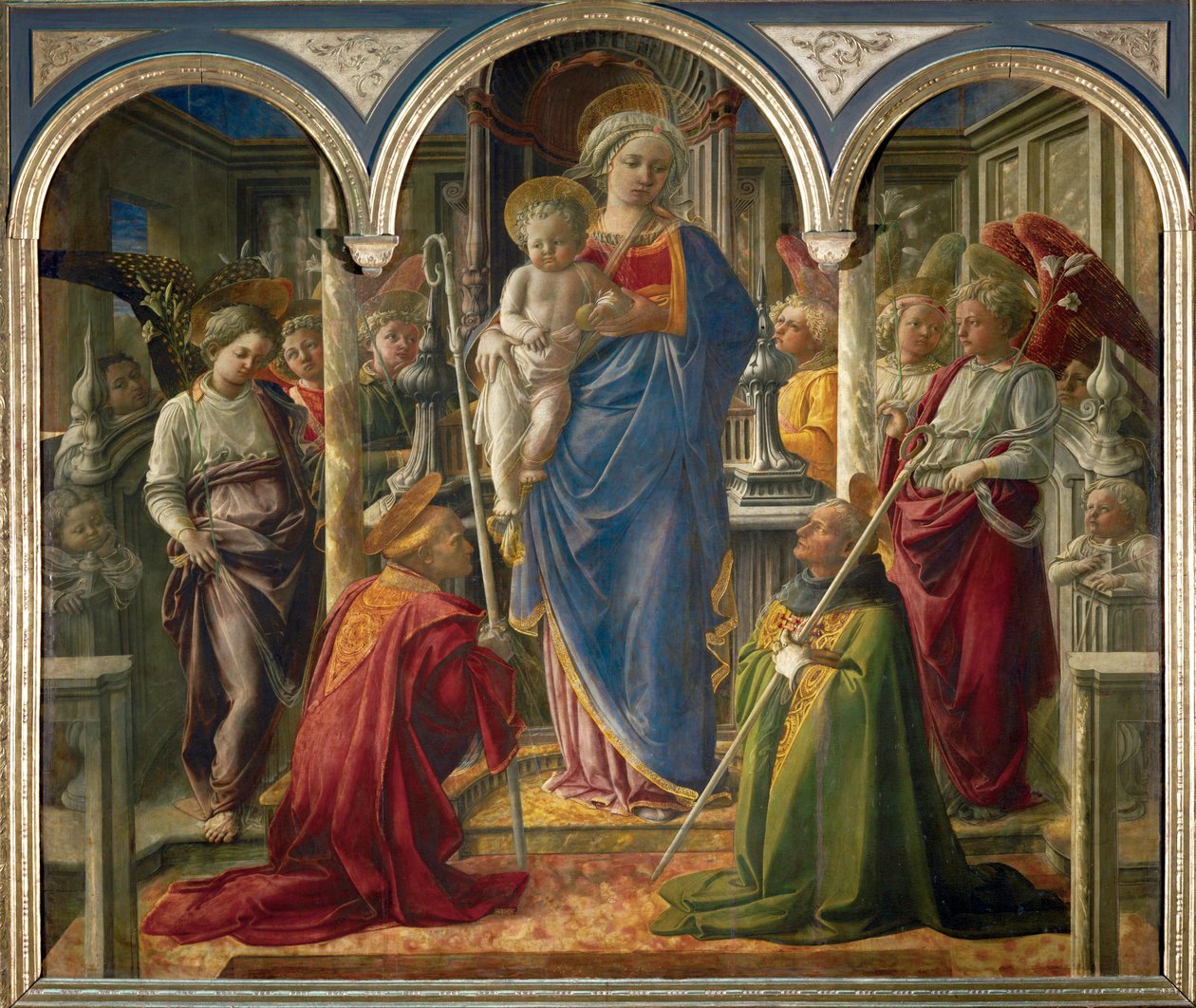Madonna z Dzieciątkiem i aniołami oraz święci Frediano i Augustyn, zwani "Pala Barbadori" ... autorstwa Filippo (workshop of) Lippi