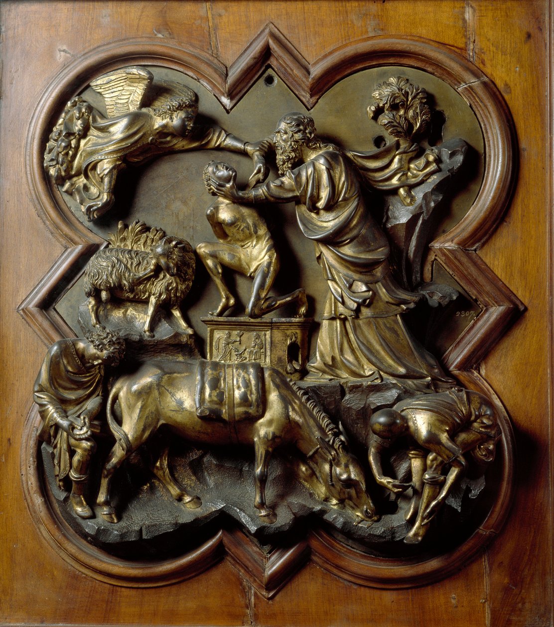 Ofiara Izaaka. Płaskorzeźba zrealizowana przez Filippo Brunelleschi (1377-1446) autorstwa Filippo Brunelleschi