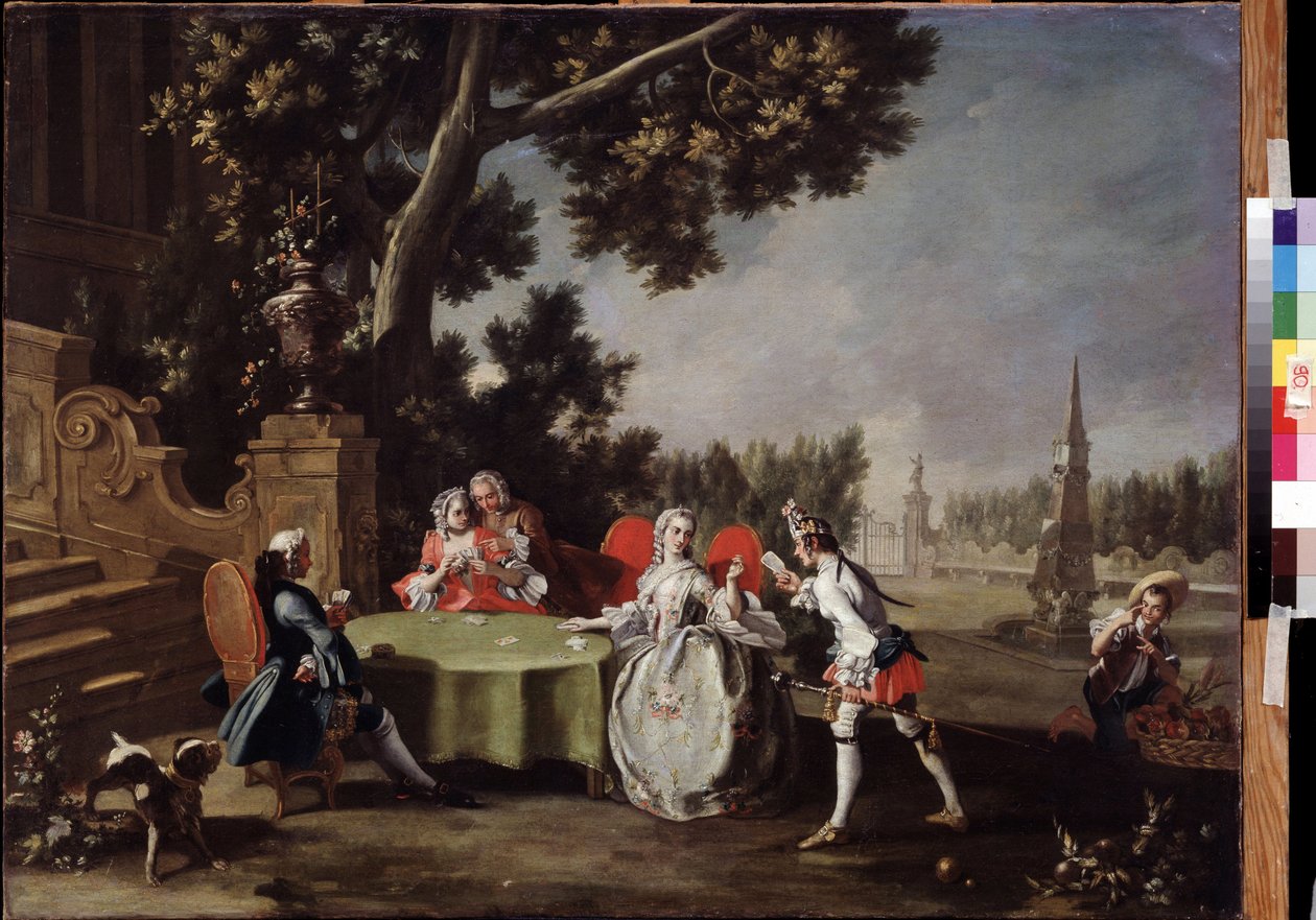""The Card Party"" Grupa włoskich szlachciców grających w karty w ogrodzie. Obraz Filippo Falciatore (1718-1768) XVIII-wieczne Muzeum Puszkina, Moskwa autorstwa Filippo Falciatore