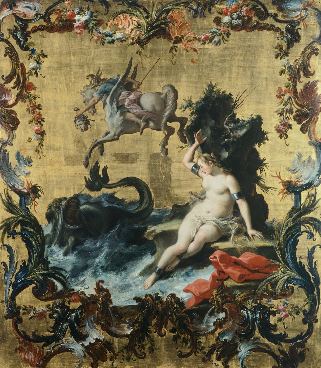 Perseusz uwalniający Andromedę od potwora morskiego, Filippo Falciatore (aktywny w latach 1728-1768), olej na panelu. autorstwa Filippo Falciatore