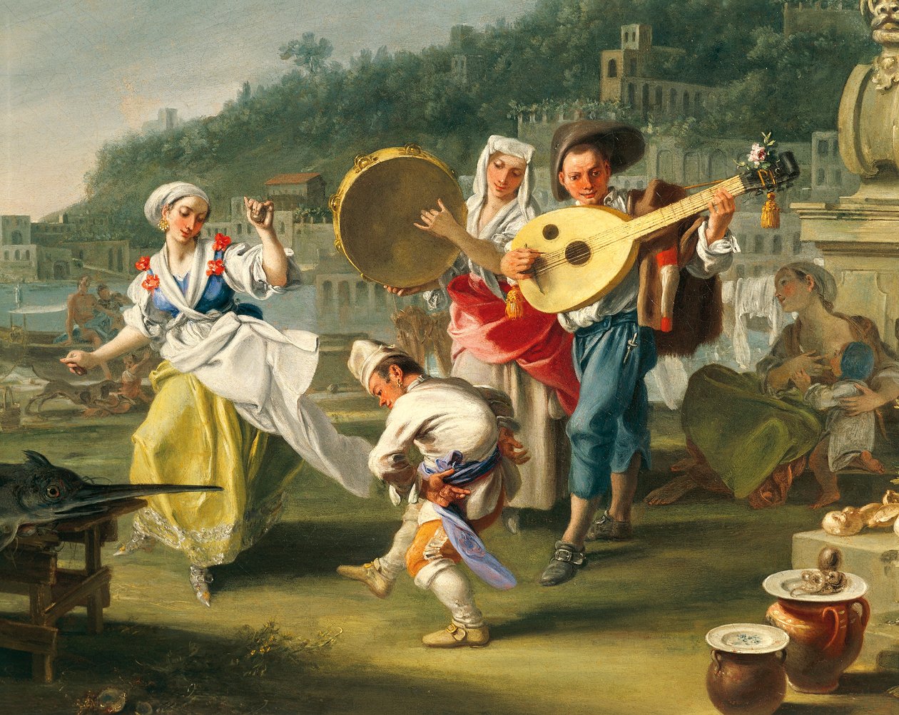 Tarantella in Mergellina, ok. 1750, autorstwa Filippo Falciatore (czynny 1737-1768), olej na płótnie, 76,2x102 cm, Detal, Włochy autorstwa Filippo Falciatore