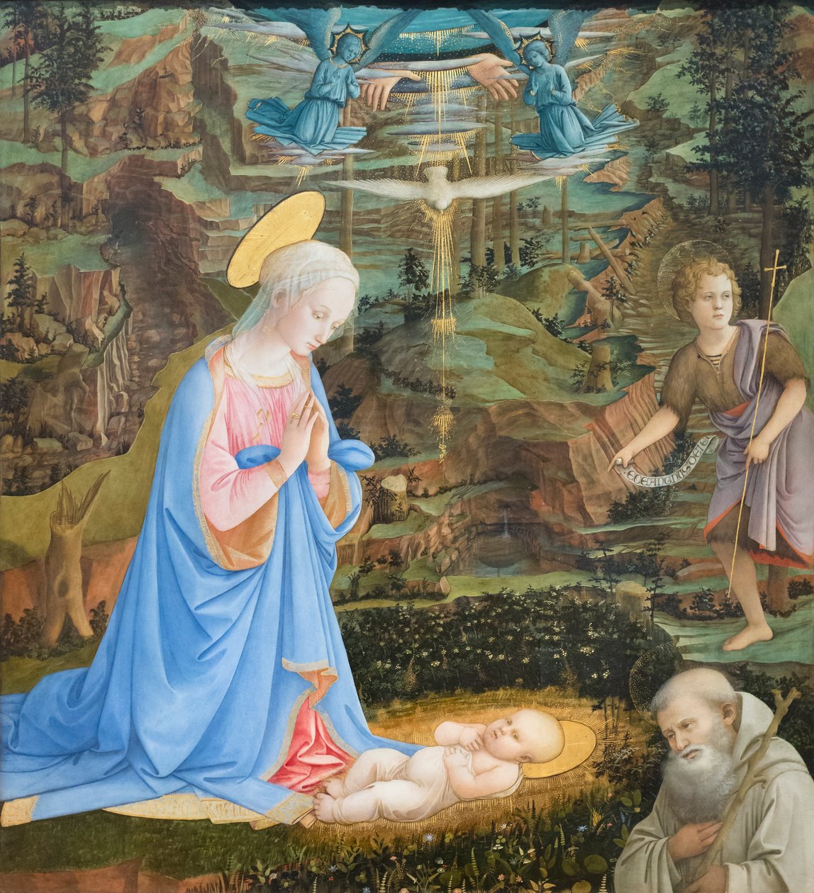 Adoracja Dzieciątka z młodzieńcem św. Janem Chrzcicielem, św. Romualdem autorstwa Filippo Lippi