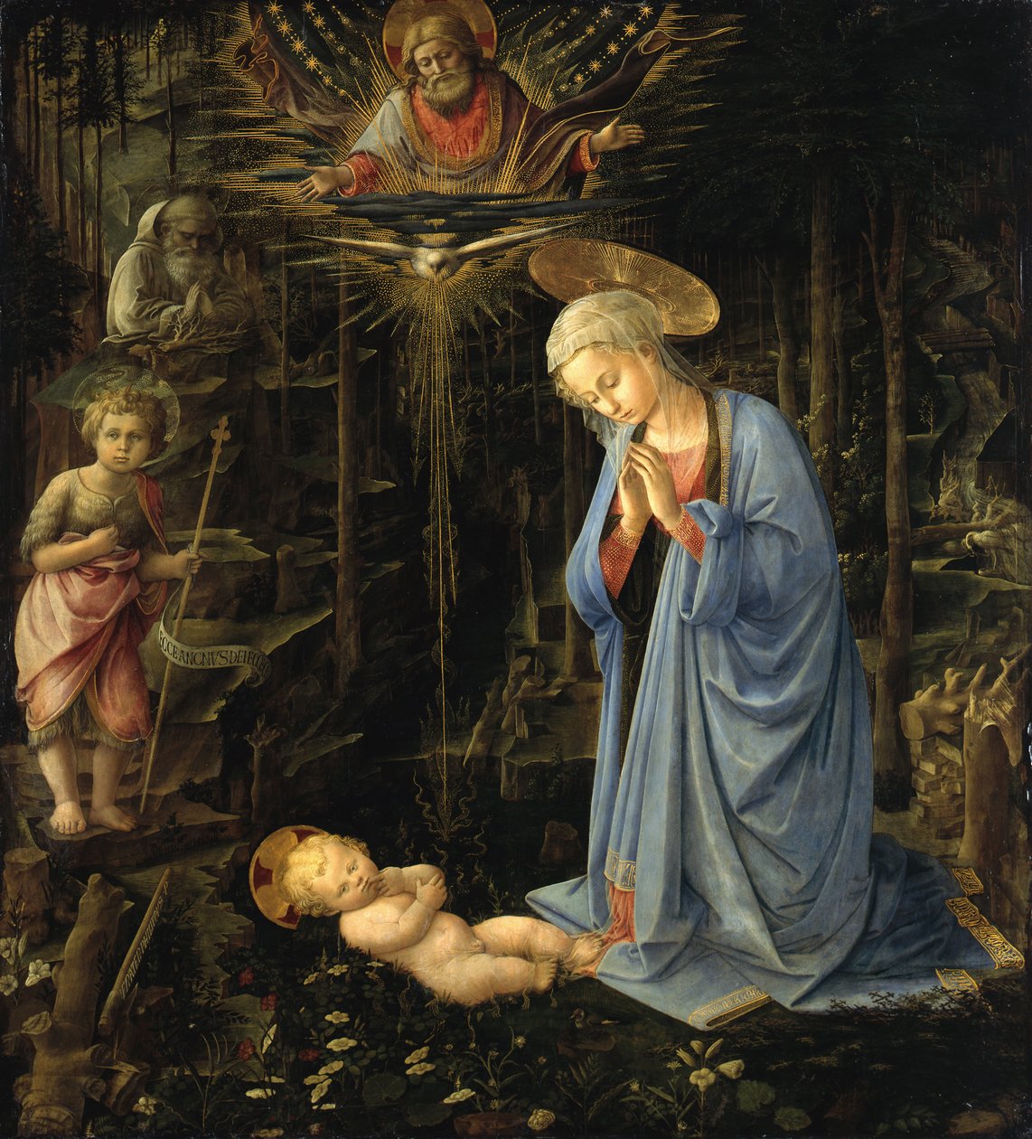 Dziewica adorująca Dzieciątko / Adoracja w lesie, Święta Rodzina z młodym św. Janem autorstwa Filippo Lippi