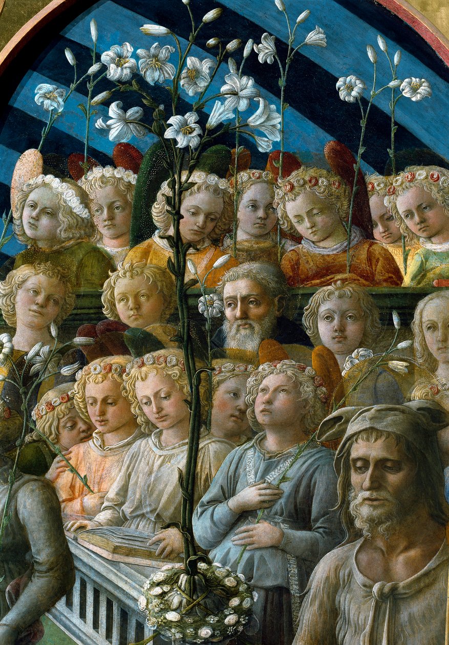 Koronacja Matki Boskiej Fragment aniołów chórzystów trzymających kwiaty lilii. Postać poniżej po prawej to święty Jan Chrzciciel, patron Florencji. Obraz Filippo Lippiego (1457-1504) autorstwa Filippo Lippi