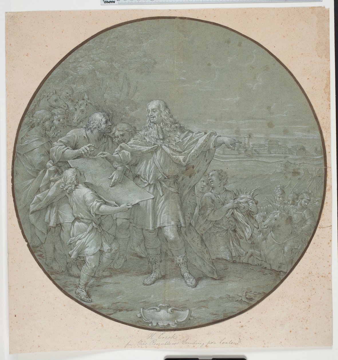 Cosimo III wzmacnia port Livorno. Rysowany szablon na srebrną tabliczkę, jeden z tzw. „piatti di S. Giovanni” autorstwa Filippo Luzi