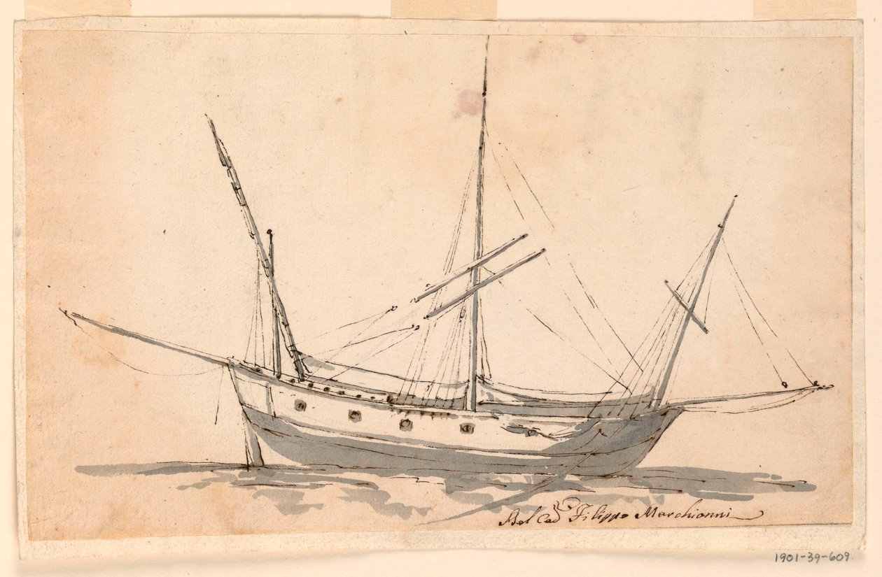 Rysunek przedstawiający żaglowiec, ok. 1780 r. autorstwa Filippo Marchionni
