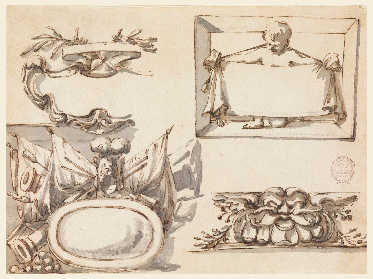Rysunek, tarcza herbowa, trofeum, etykieta, motyw dekoracyjny fryzu, 1750-75 autorstwa Filippo Marchionni