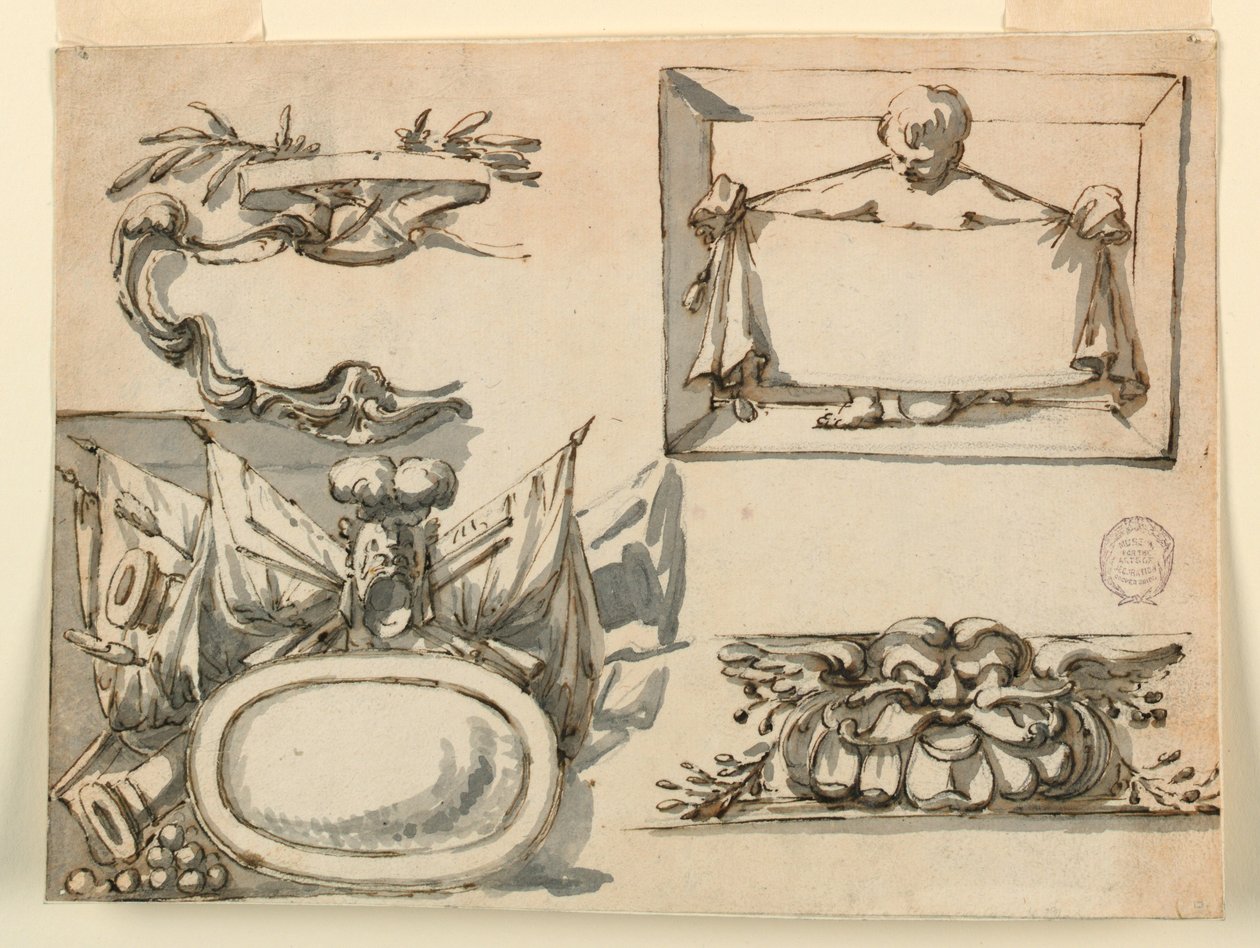 Rysunek, tarcza herbowa, trofeum, etykieta, motyw dekoracyjny fryzu, 1750-75 autorstwa Filippo Marchionni