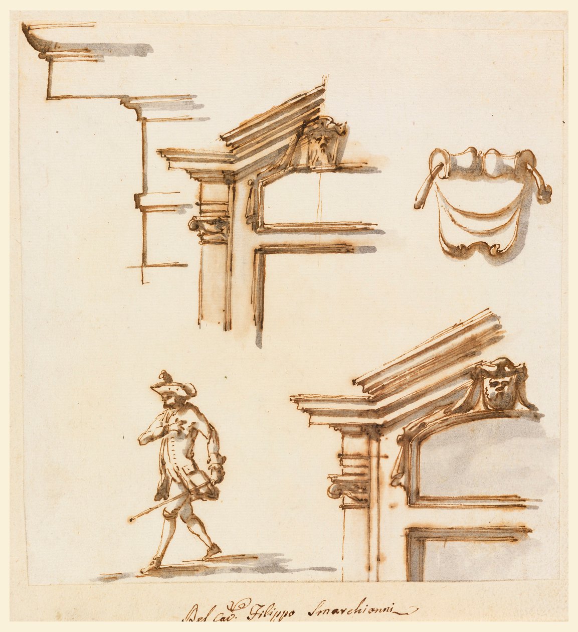 Rysunek, detale architektoniczne i studium postaci, 1760-75 autorstwa Filippo Marchionni
