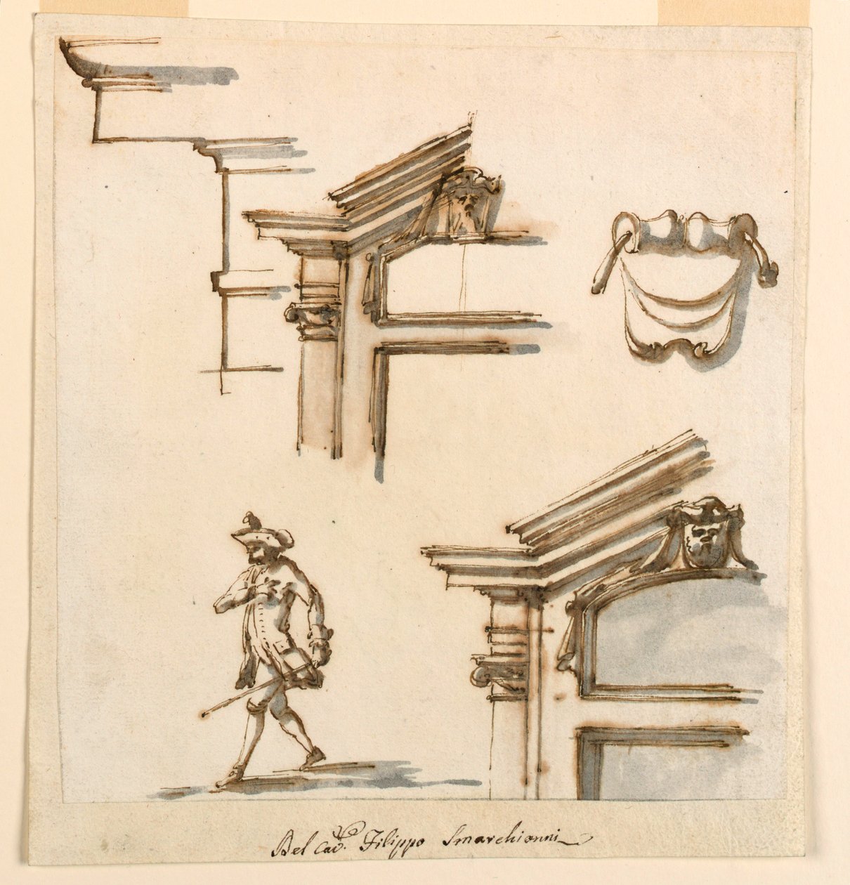 Rysunek, detale architektoniczne i studium postaci, 1760-75 autorstwa Filippo Marchionni