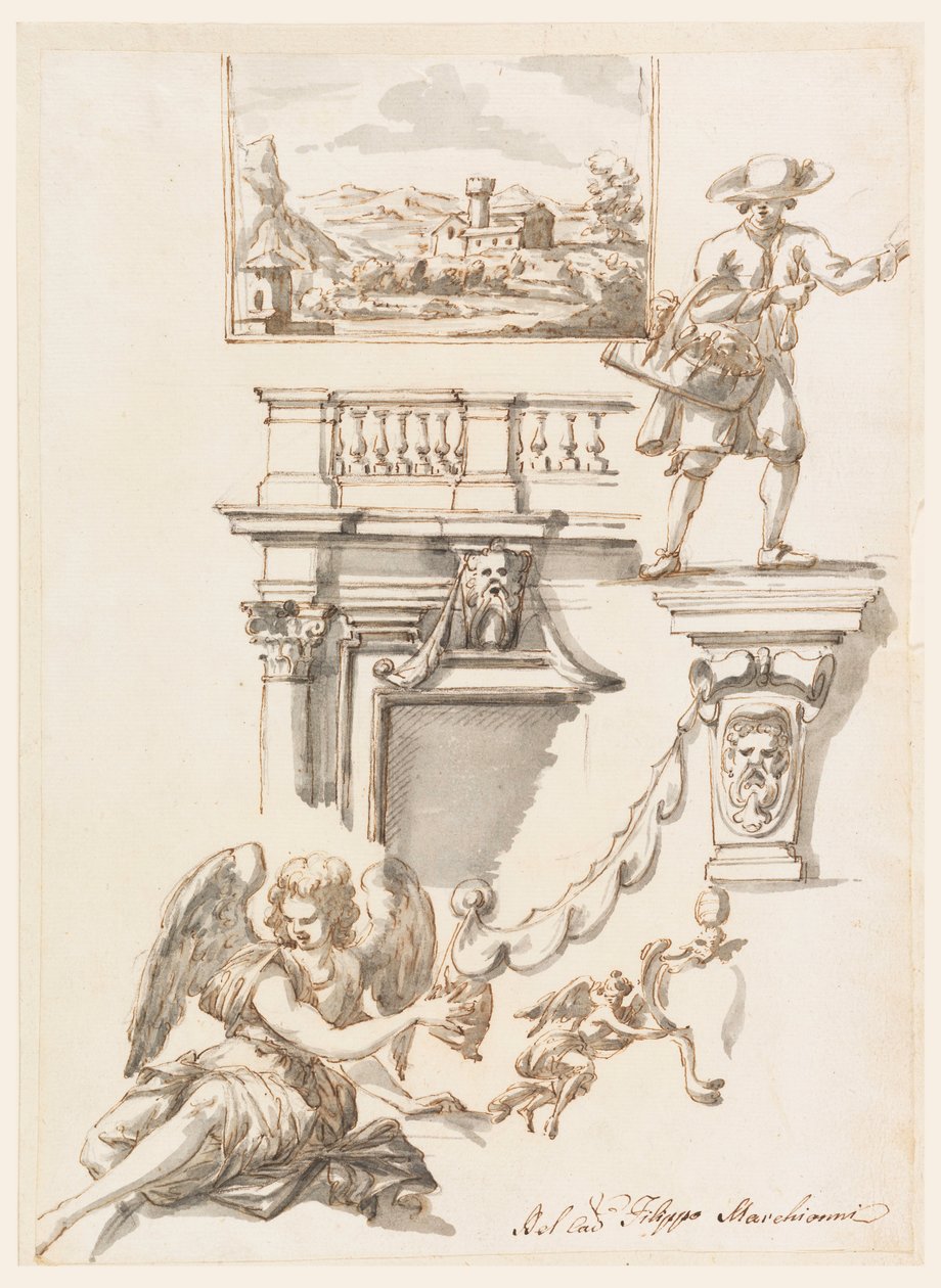 Rysunek, architektura i studia postaci, 1750-90 autorstwa Filippo Marchionni