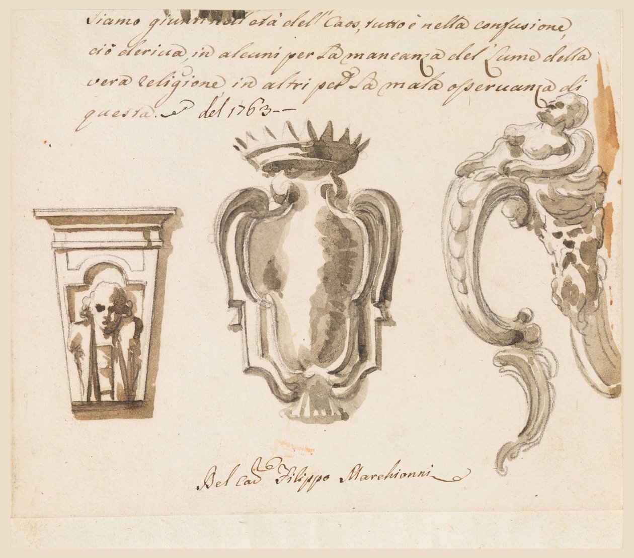 Rysunek, projekt konsoli i rozety, 1763 r. autorstwa Filippo Marchionni