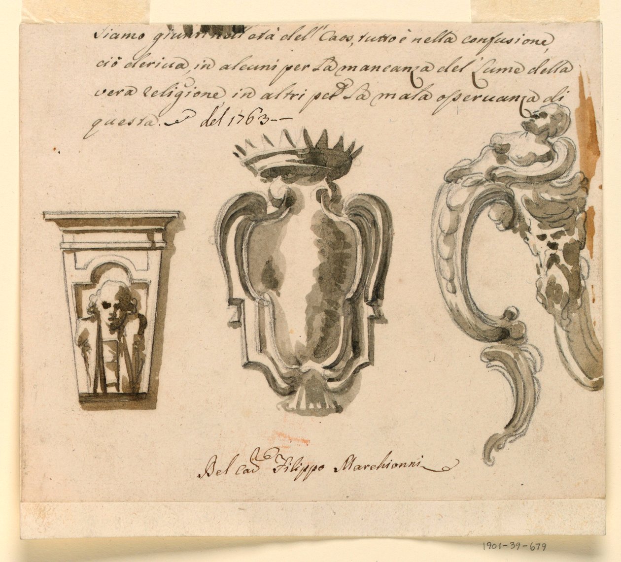 Rysunek, projekt konsoli i rozety, 1763 r. autorstwa Filippo Marchionni
