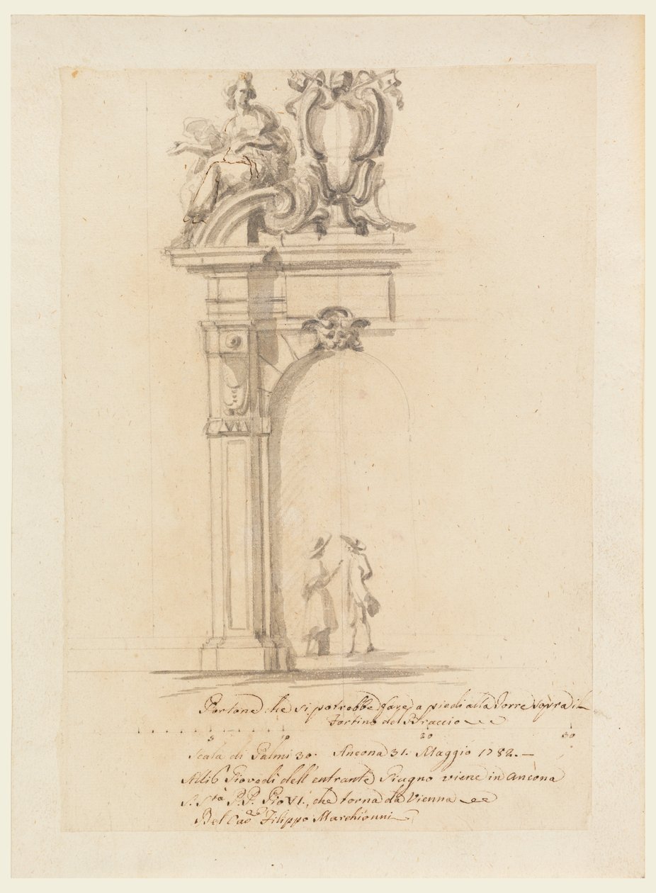 Rysunek, projekt bramy na przyjęcie papieża Piusa VI powracającego z Niemiec w Ankonie, maj 1782 r. autorstwa Filippo Marchionni
