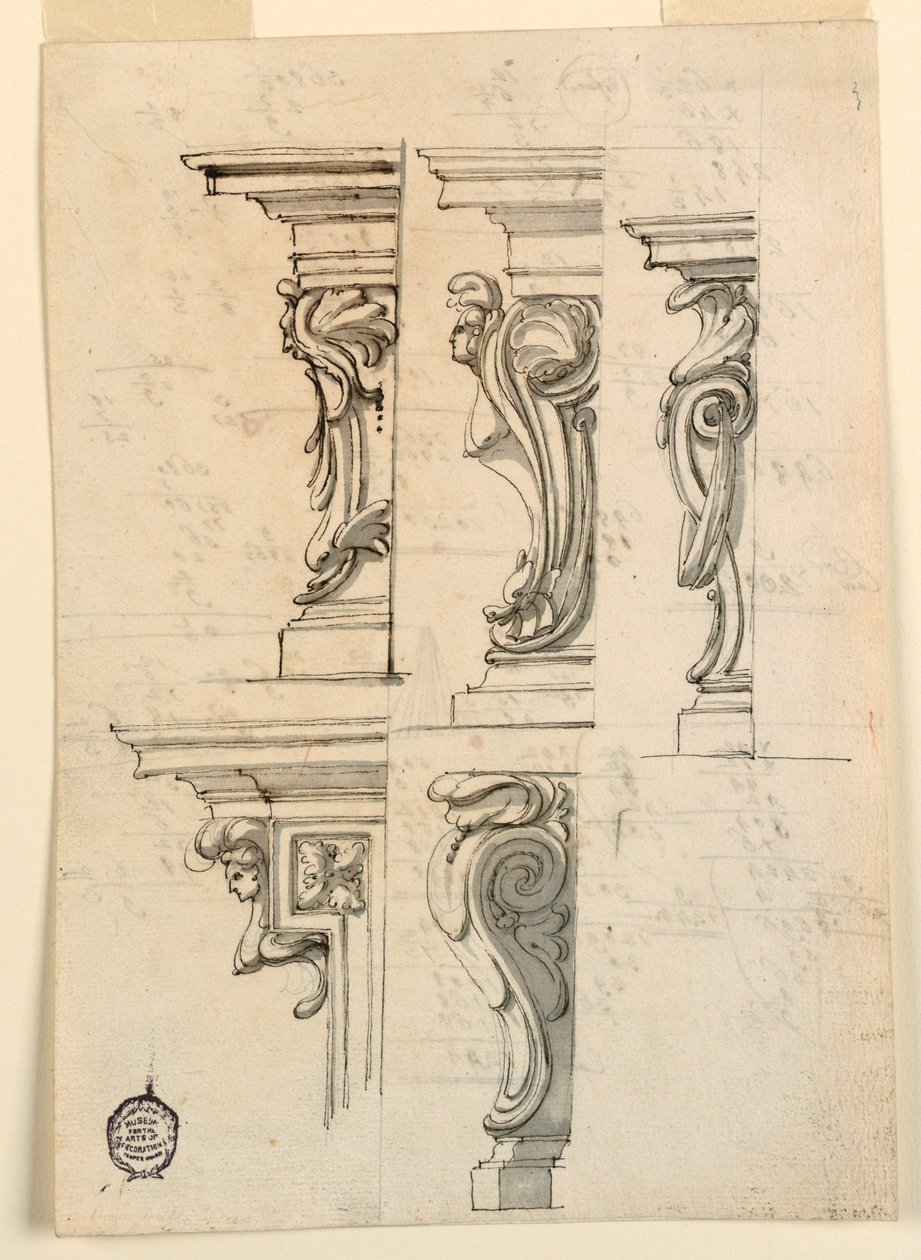 Rysunek, Pięć motywów narożnych, ok. 1750 r. autorstwa Filippo Marchionni