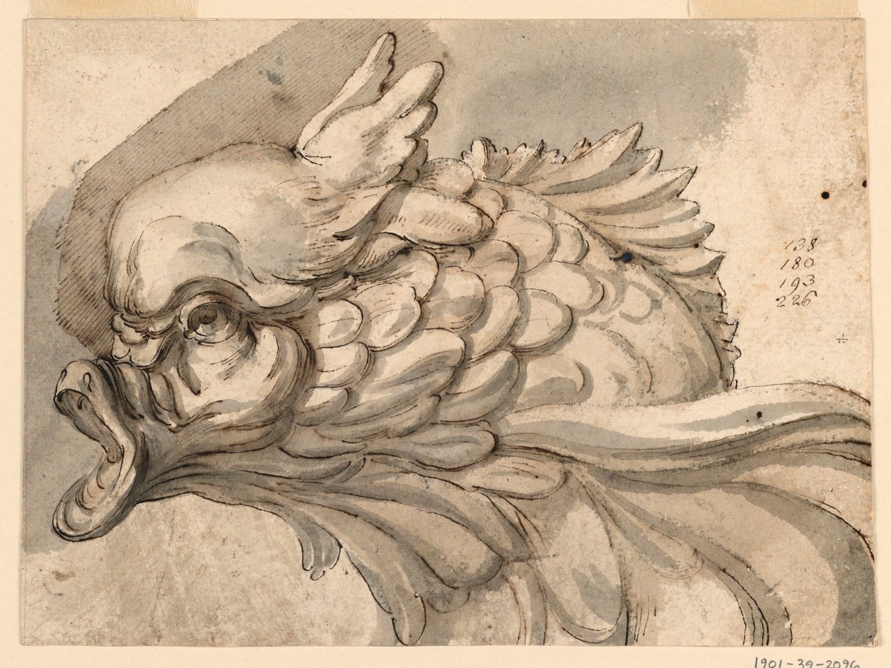 Rysunek, głowa delfina, ok. 1775 r. autorstwa Filippo Marchionni