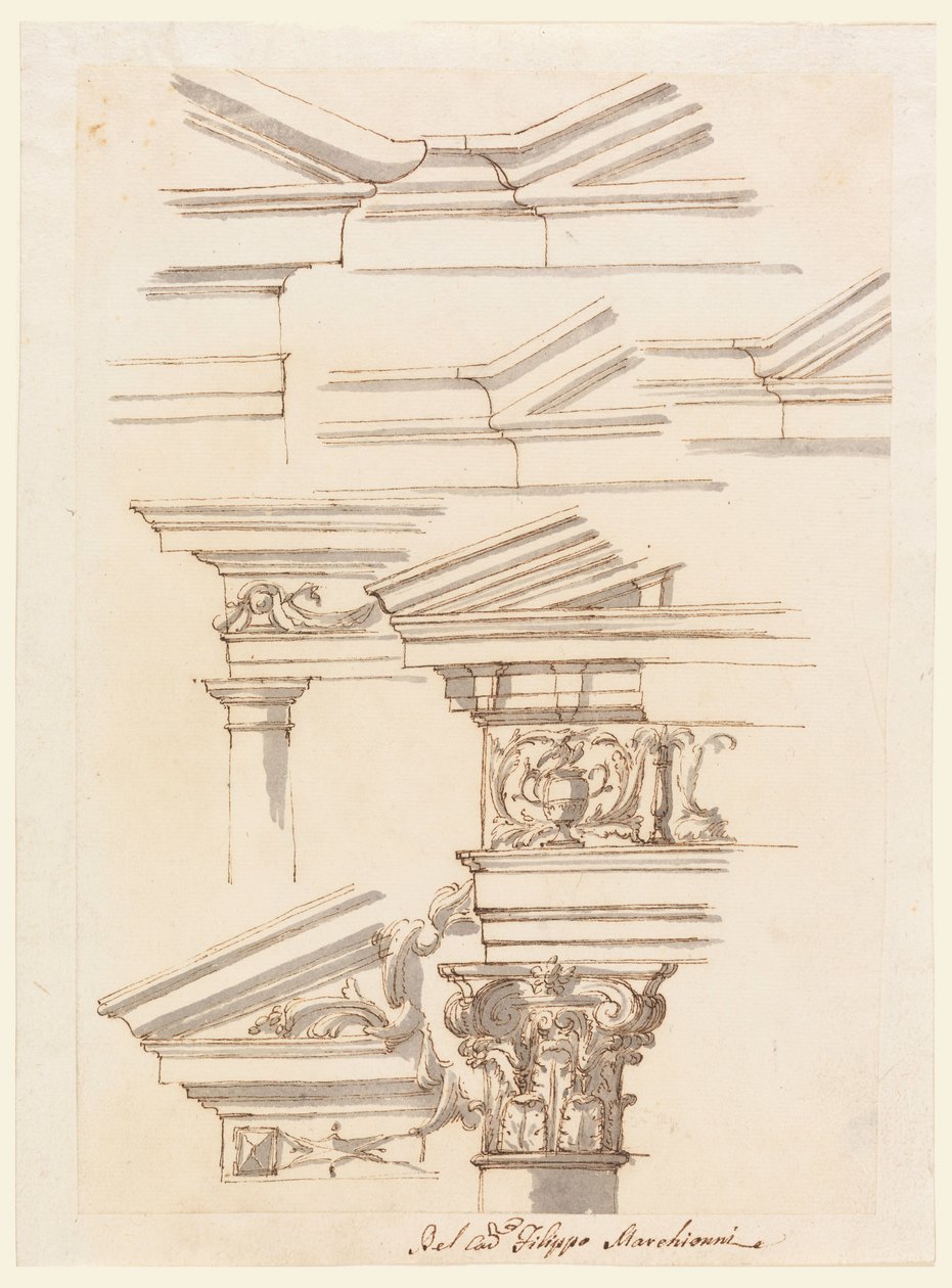 Rysunek, studia nad belkowaniem i frontonem, ok. 1770 r. autorstwa Filippo Marchionni