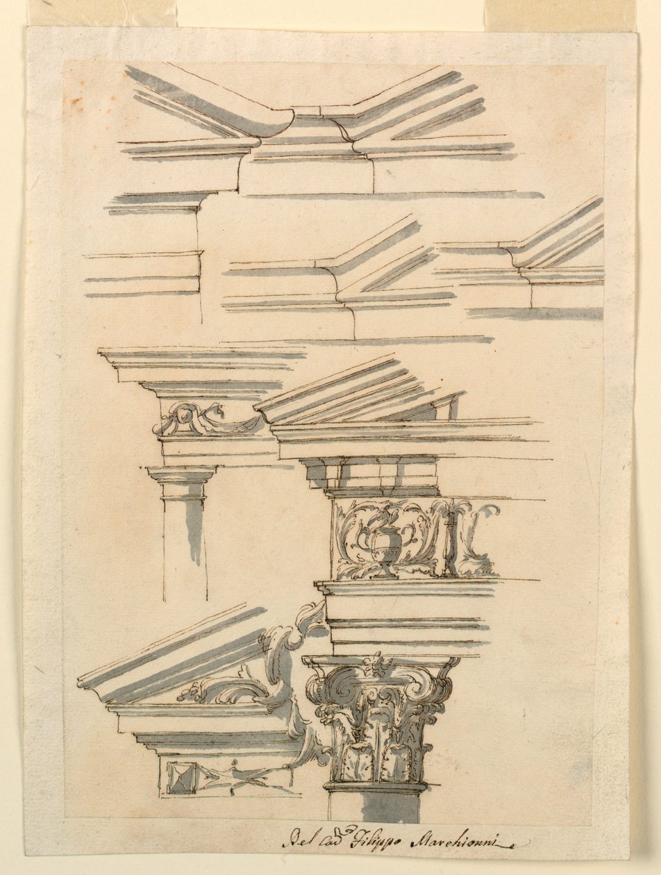 Rysunek, studia nad belkowaniem i frontonem, ok. 1770 r. autorstwa Filippo Marchionni