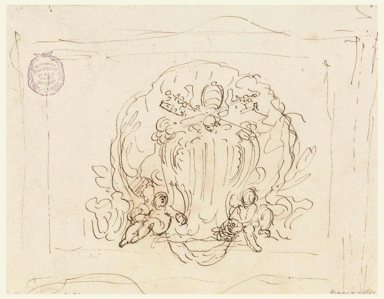 Rysunek, tablica z herbem papieża Benedykta XIV na tle muszli, 1740-58 autorstwa Filippo Marchionni