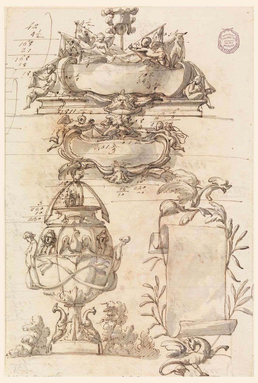 Rysunek, dwa rozety, dekoracyjny wazon i zwój, 1750-75 autorstwa Filippo Marchionni