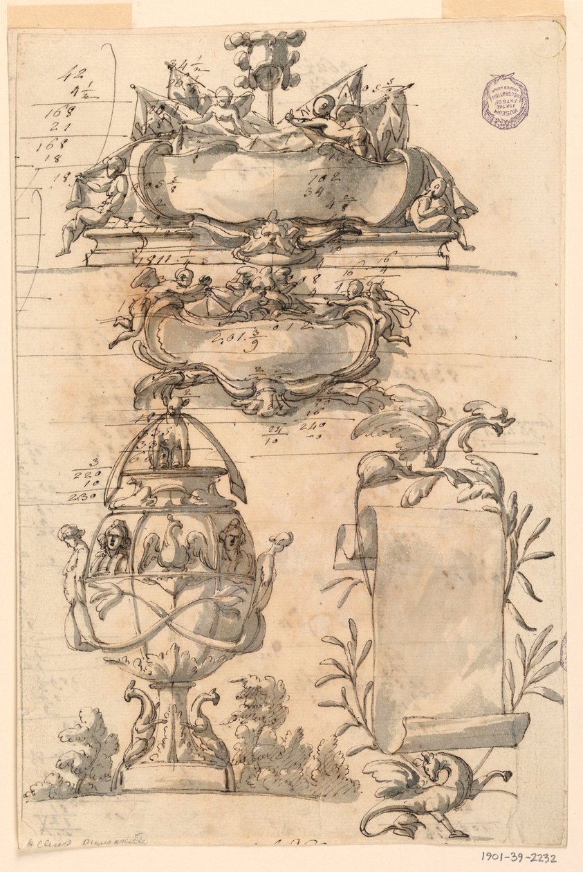 Rysunek, dwa rozety, dekoracyjny wazon i zwój, 1750-75 autorstwa Filippo Marchionni