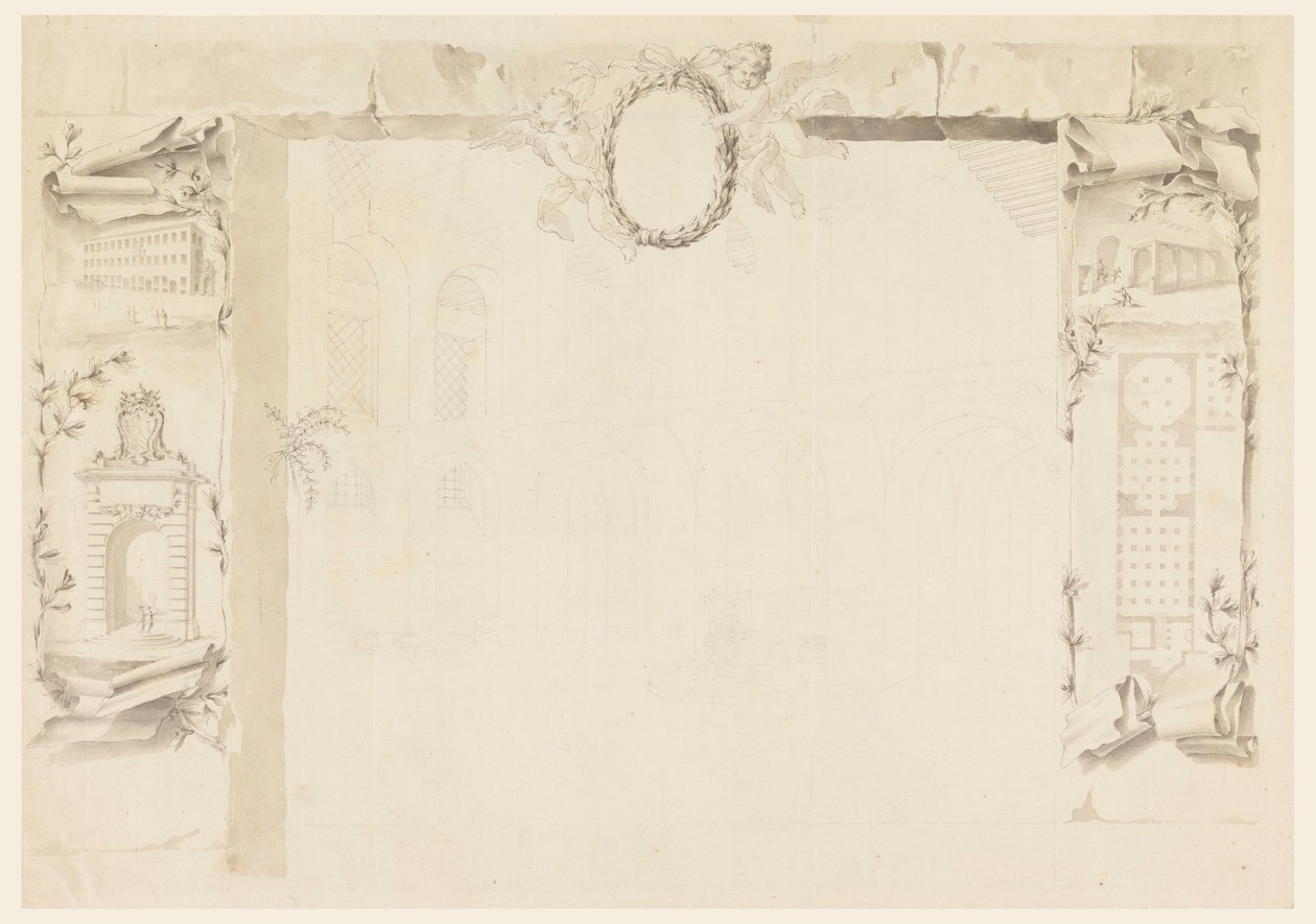 Rysunek, niedokończony projekt arkusza pamiątkowego odnoszącego się do wzniesienia fabryki papieskiej (Magazins of Annona), 1760-69 autorstwa Filippo Marchionni