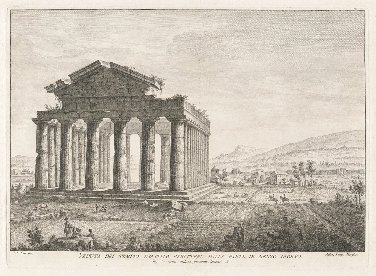 Widok Peripteral Hexastyle Temple od południa, z Antichit? Pesto (Antyki Paestum) autorstwa Filippo Morghen