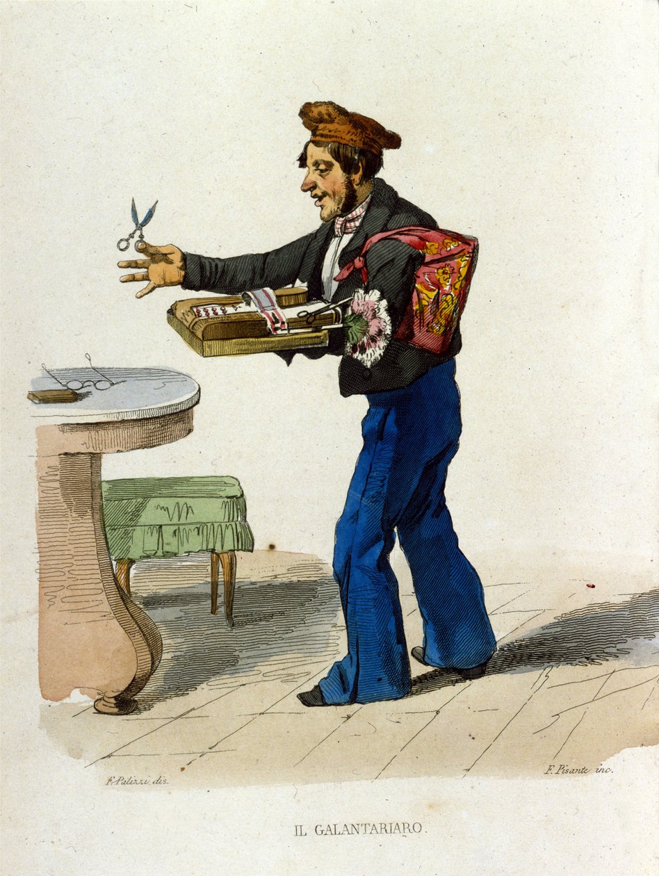 Galanteria (drobni handlarze) w Neapolu. Ci uliczni sprzedawcy oferowali kosmetyki. - Kolorowy miedzioryt według obrazu F. Palizzy (z: „Costumi del regno” Francesco de Bourcard). autorstwa Filippo Palizzi
