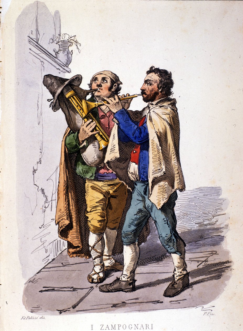 Gracze na fajkach (dudy). Grawer wg obrazu F. Palizzy. Z dzieła Francesco de Bourcarda „Stroje Królestwa Neapolu” autorstwa Filippo Palizzi