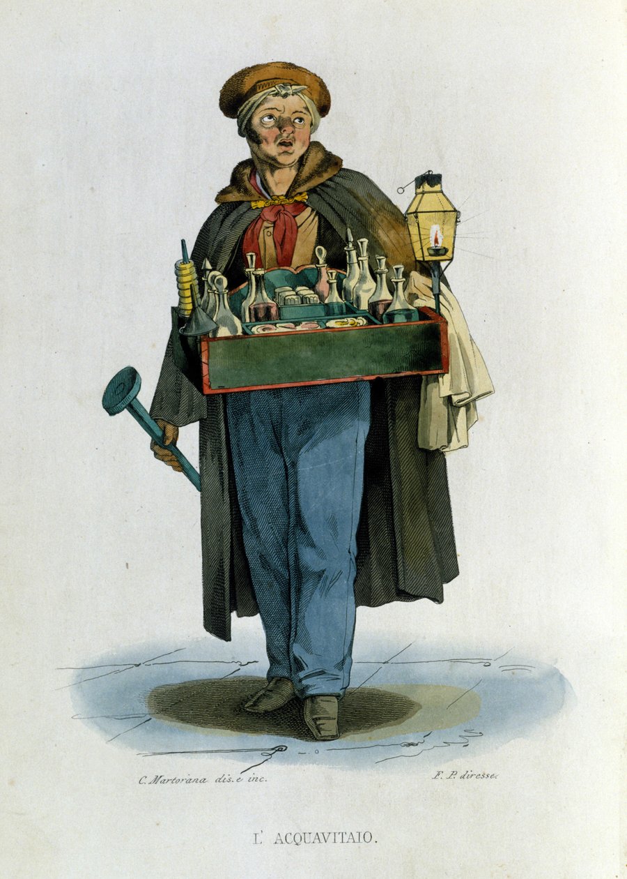 Mała firma z Neapolu: podróżujący sprzedawca brandy. Rycina według obrazu F. Palizzy. Z dzieła Francesco de Bourcarda „” Costumi del regno di Napoli”” autorstwa Filippo Palizzi