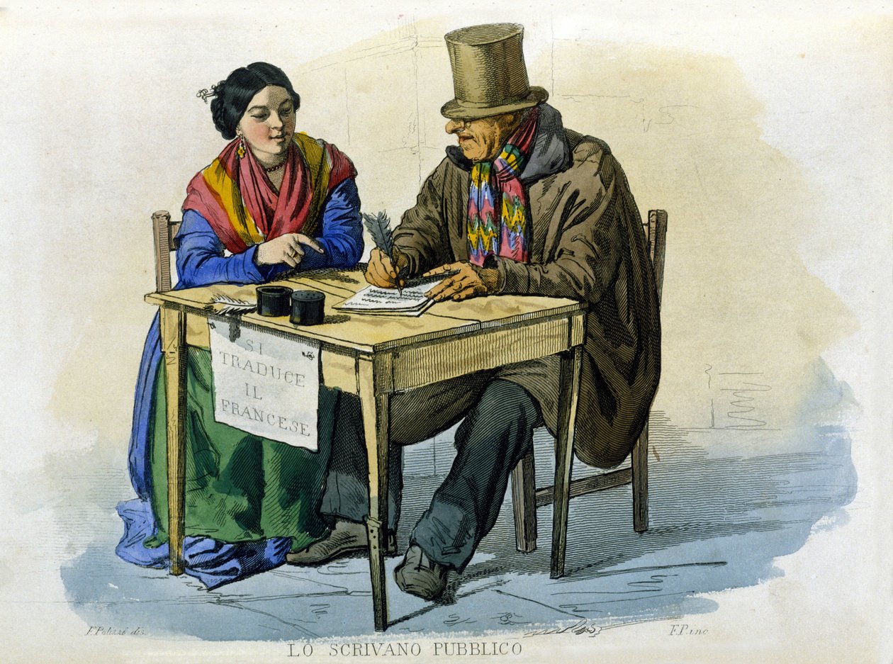 Mały biznes miasta Neapolu: pisarz publiczny. Rycina według obrazu F. Palizzy. Z dzieła Francesco de Bourcarda „” Costumi del regno di Napoli”” autorstwa Filippo Palizzi