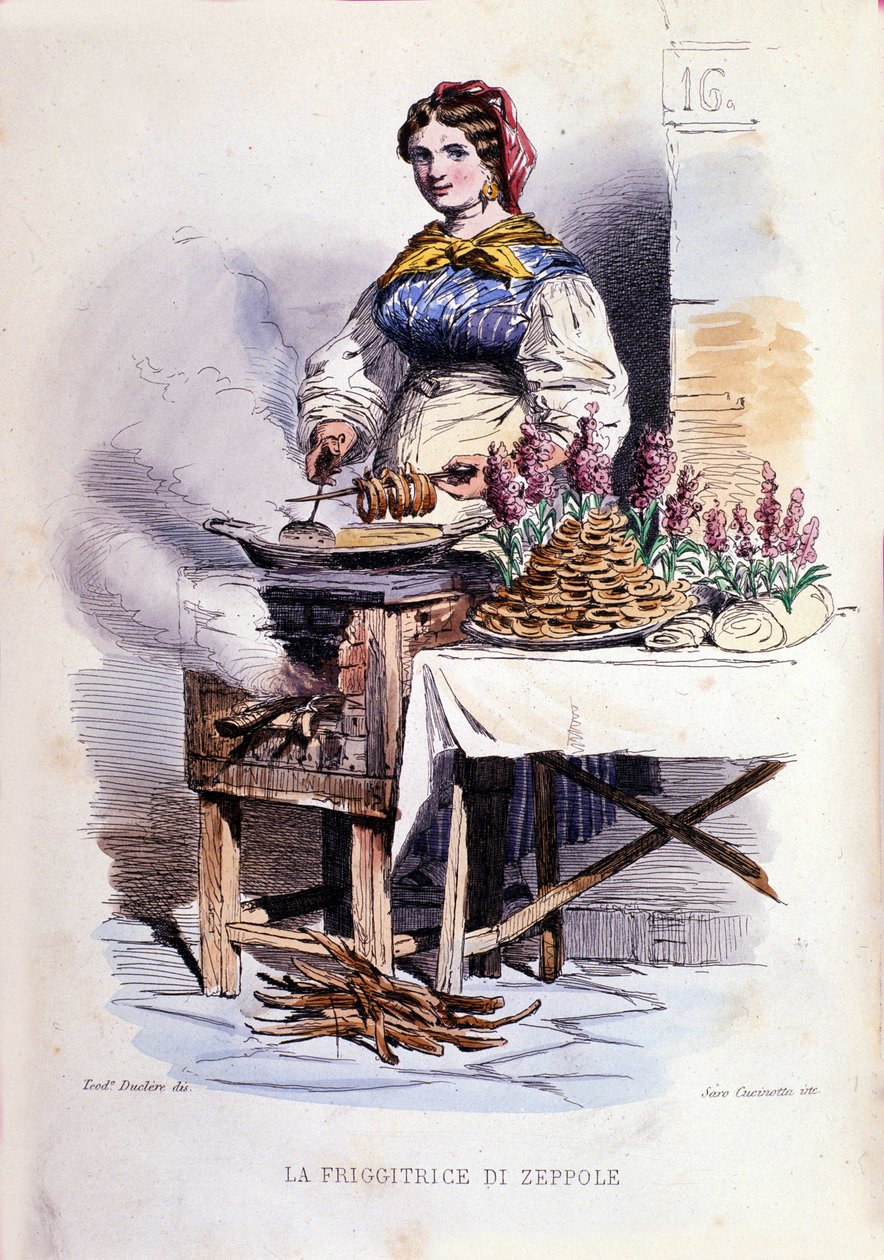 Mała firma z Neapolu: chodząca sprzedawczyni zeppolle, specjalistyczna cukiernia z Neapolu. Rycina według obrazu F. Palizzy. Z dzieła Francesco de Bourcarda „” Costumi del regno di Napoli”” autorstwa Filippo Palizzi