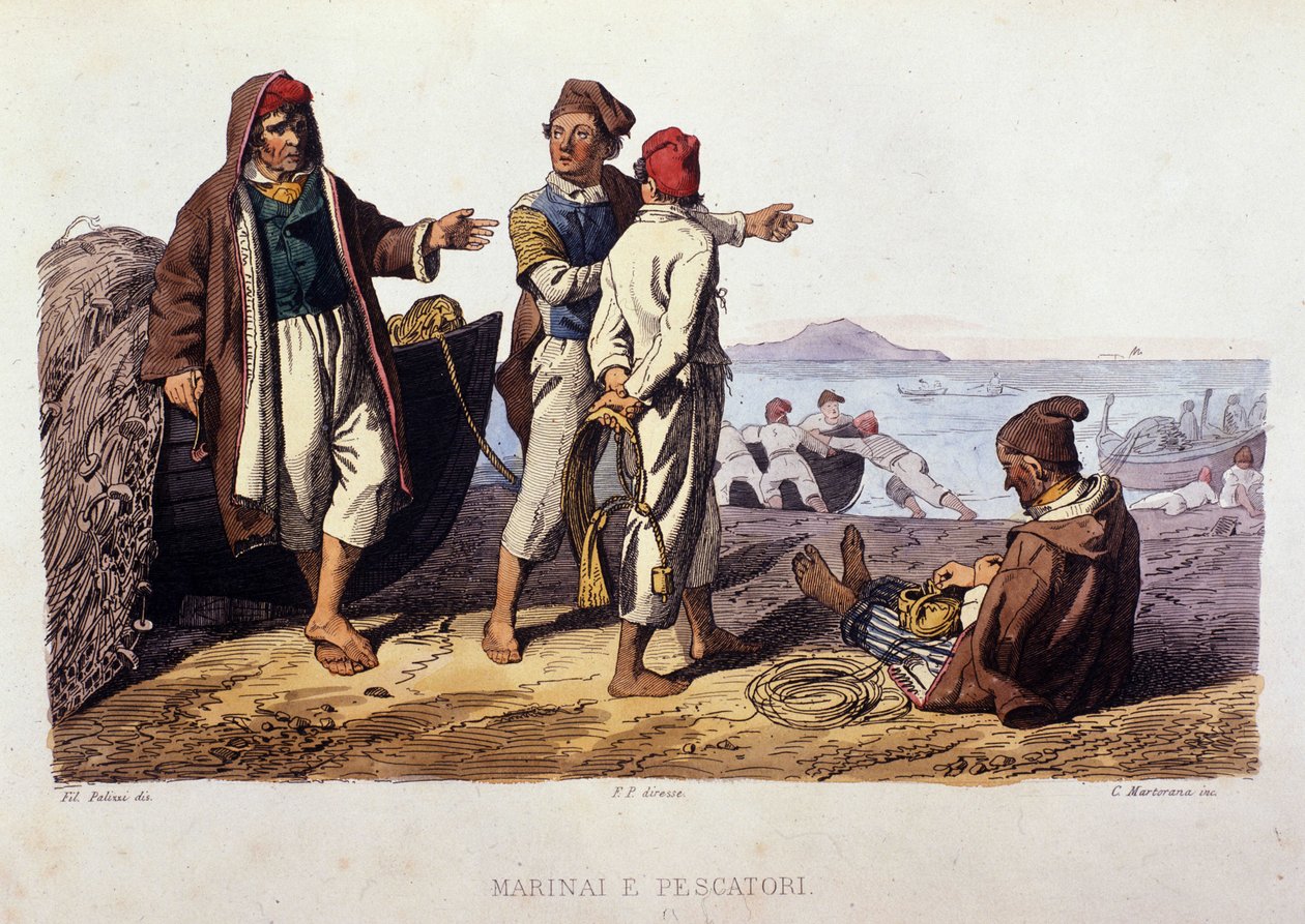 Mały metier Królestwa Neapolu: marynarze i rybacy. Grawer wg obrazu F. Palizzy. Z dzieła Francesco de Bourcard „” Costumi del regno di Napoli”” autorstwa Filippo Palizzi