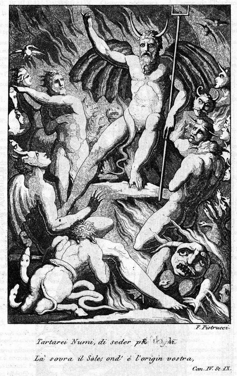 Ilustracja przedstawiająca scenę „The Jerusalem Delivree” Torquato Tasso (znanego jako Kubek). "" Tartarei Numi, aby siedzieć bardziej godnie nad Słońcem ... "" Canto IV. Ilustracja Filippo PISTRACCI (1782-1859). autorstwa Filippo Pistrucci