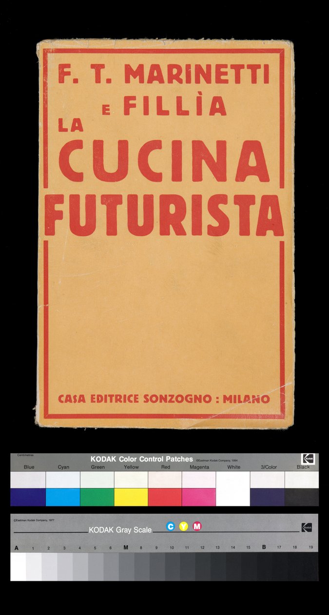 Futuryzm: okładka „La cucina futurista” (kuchnia futurystyczna) (1931) autorstwa Filippo Tommaso Marinetti (1876-1944) (okładka książki) autorstwa Filippo Tommaso Emilio Marinetti