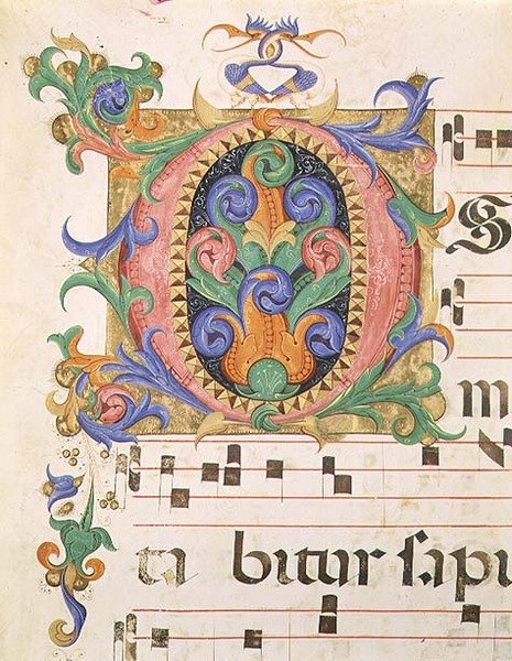Mszał 515 f.123r Inicjał „O” zdobiony liśćmi i fantastycznymi ptakami, fragment Księgi Chóralnej sporządzony przed 1449 r. (welum) autorstwa Filippo di Matteo Torelli