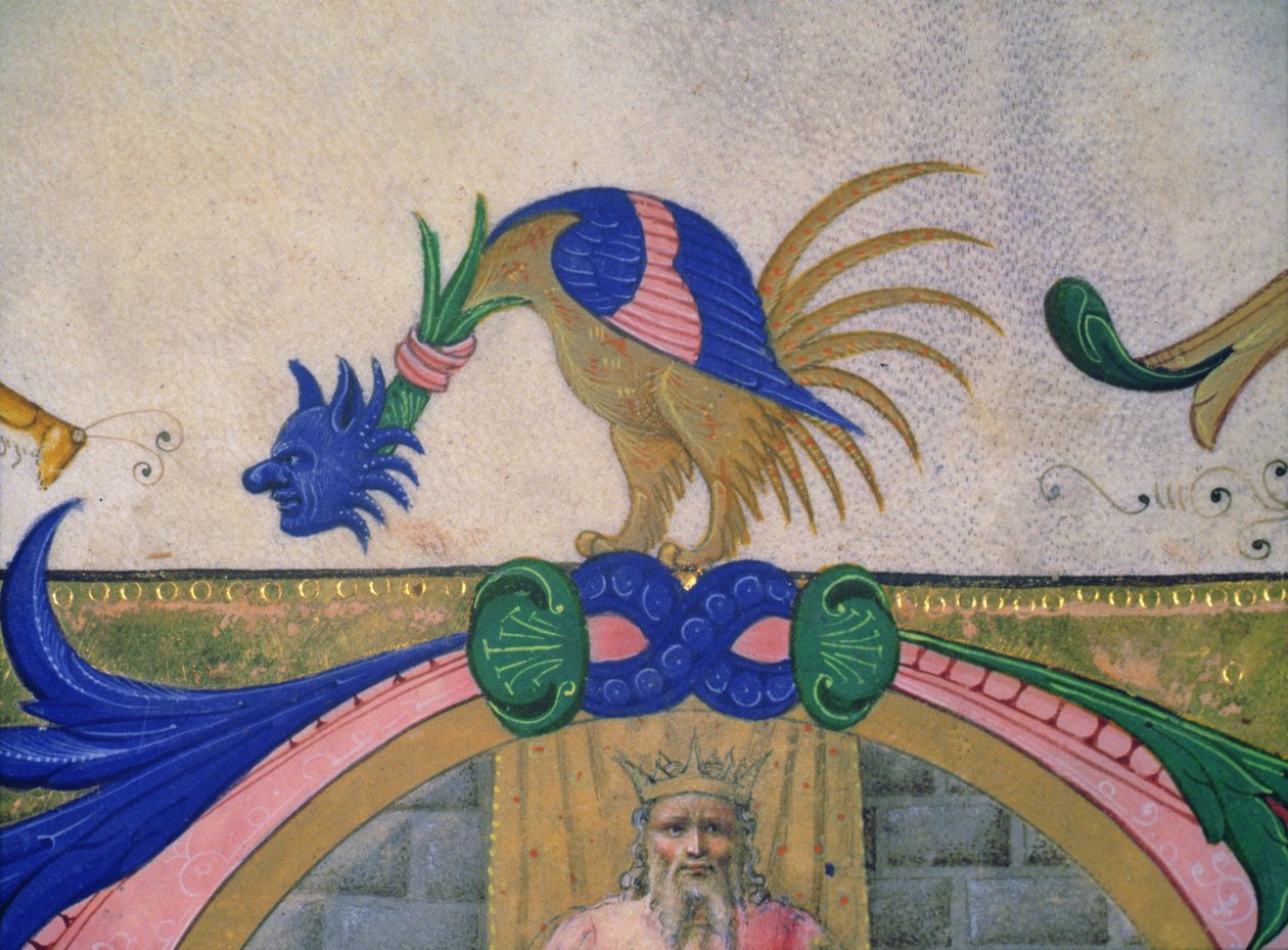 Mszał 515 f.13v Fantastyczny dwunożny stwór z ludzką twarzą, detal dekoracyjnego obramowania z księgi chórów wykonanej przed 1449 r. (detal z 56721) autorstwa Filippo di Matteo Torelli