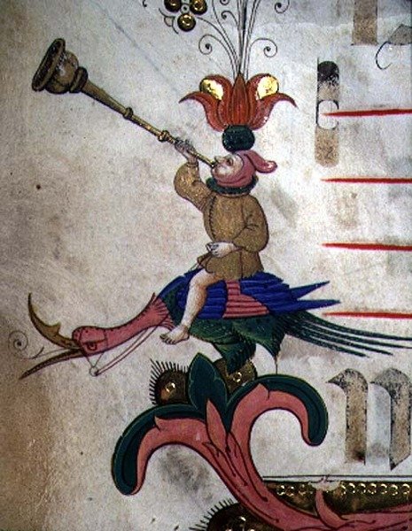 Mszał 515 f.9r Figura dmuchająca w róg, osadzona na zaprzęgniętym ptaku, fragment ozdobnej bordiury z Księgi Chóralnej wykonanej przed 1449 r. (detal z 88907) autorstwa Filippo di Matteo Torelli