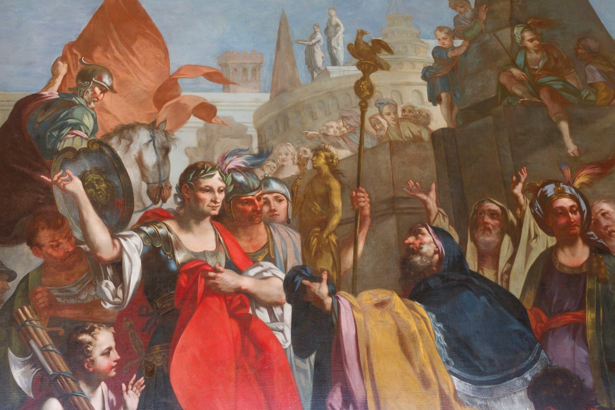 Cezar pod murami Aleksandrii, Felice Manassero, rysunek gobelinu, przedpokój, apartament wschodni, rezydencja myśliwska, autor: Filippo Juvarra (1678-1736), Stupinigi, Piemont, Włochy autorstwa Filippo or Juvara Juvarra