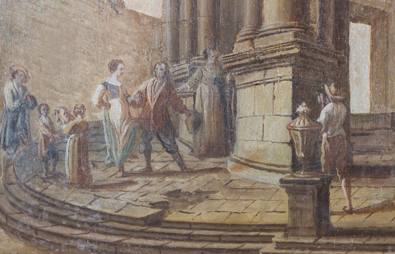 Scena rodzajowa, olej na drewnie, fragment okiennic salonu, apartament królowej, rezydencja myśliwska, autor: Filippo Juvarra (1678-1736), Stupinigi, Piemont, Włochy autorstwa Filippo or Juvara Juvarra