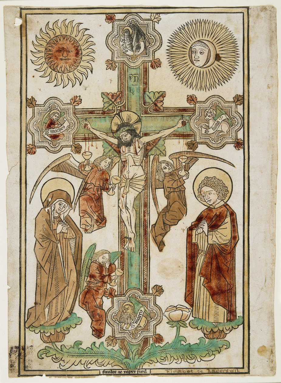 Krucyfiks z trzema aniołami i symbolami ewangelistów, ok. 1470-80 (drzeworyt ręcznie kolorowany w czerwieni, zieleni, żółci oraz jasnym i ciemnym brązie) autorstwa Firabet of Rapperswil Firabet of Rapperswil